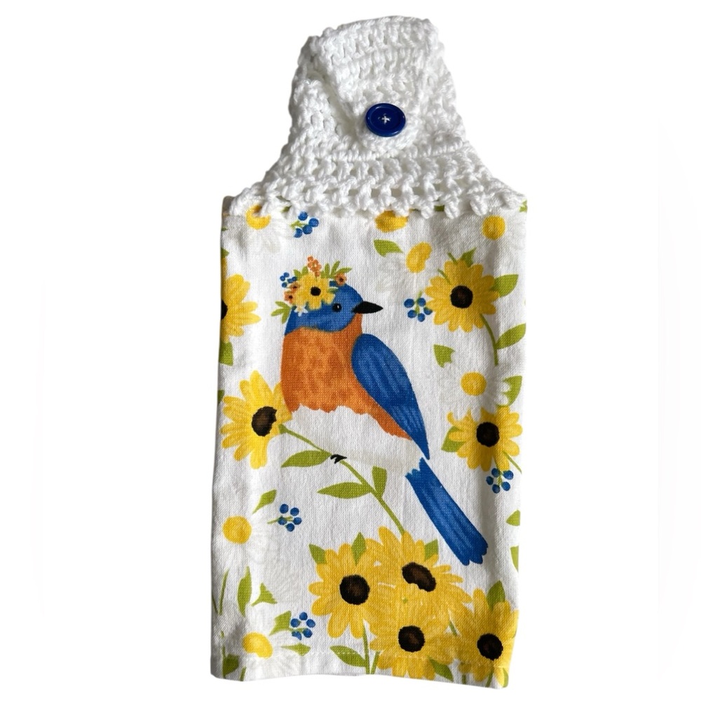Hand Crafted Floral Blue Bird Hanging Kitchen Hand Towel Crochet Top - Picture 4 of 8